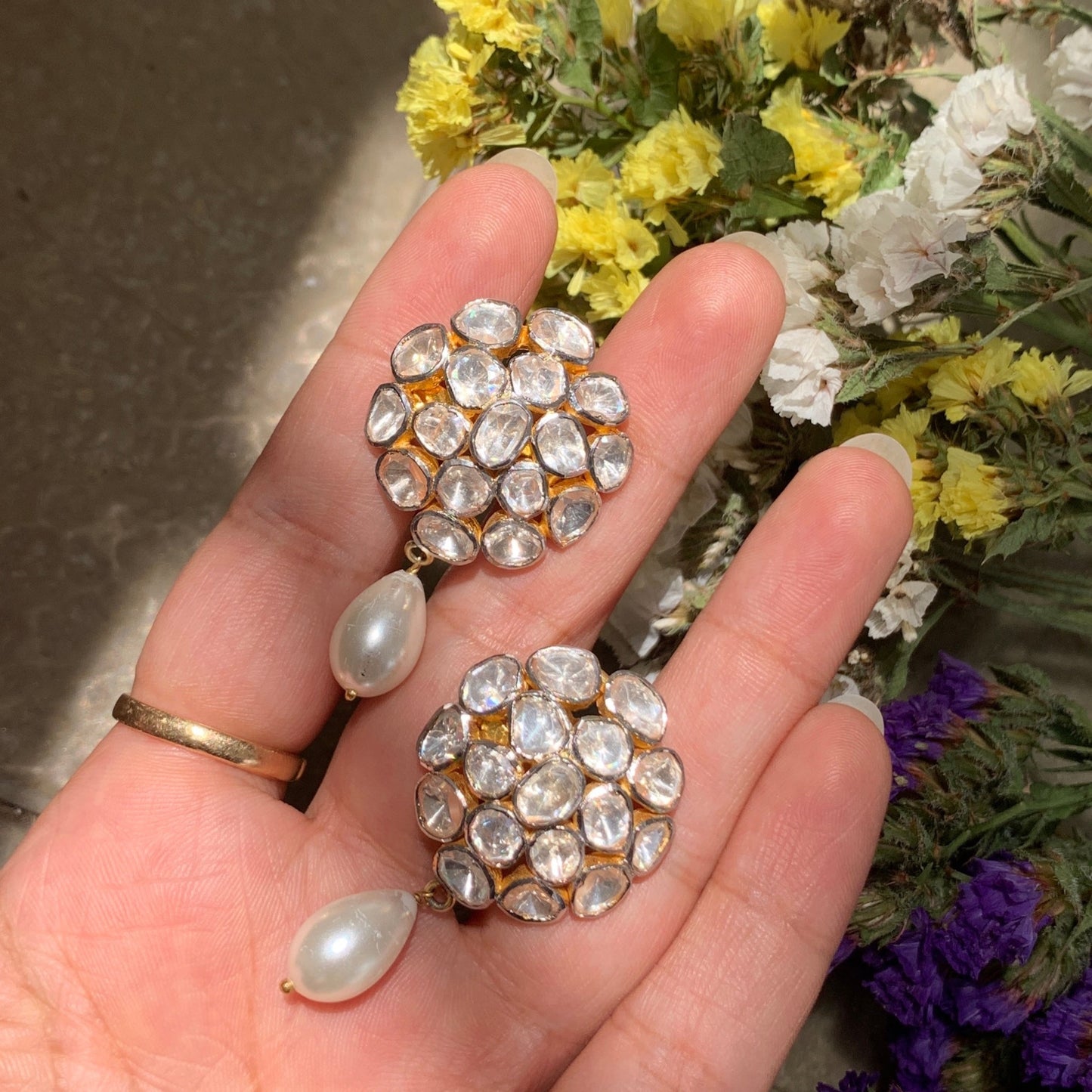 Floral Pearl Polki Studs