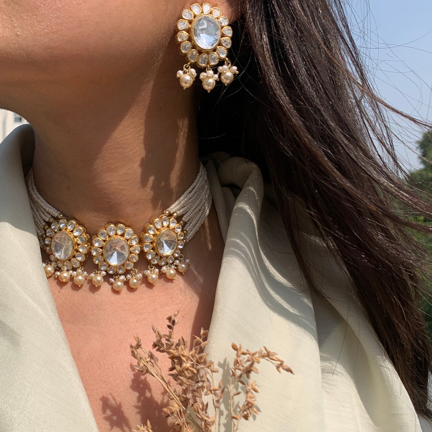 Aiza Pearl Choker Set in Moissanite Polki