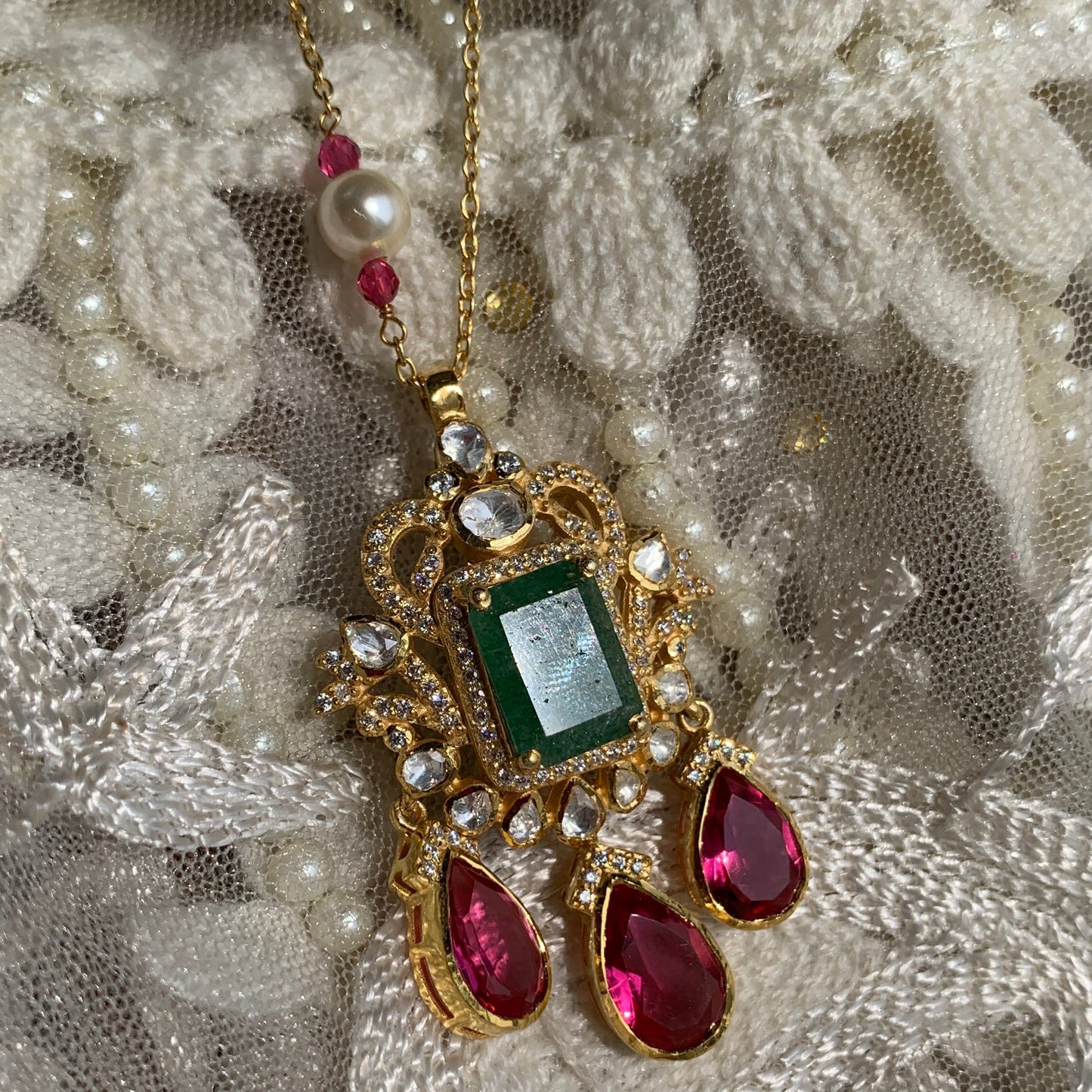 Emerald Ruby Polki Pendant