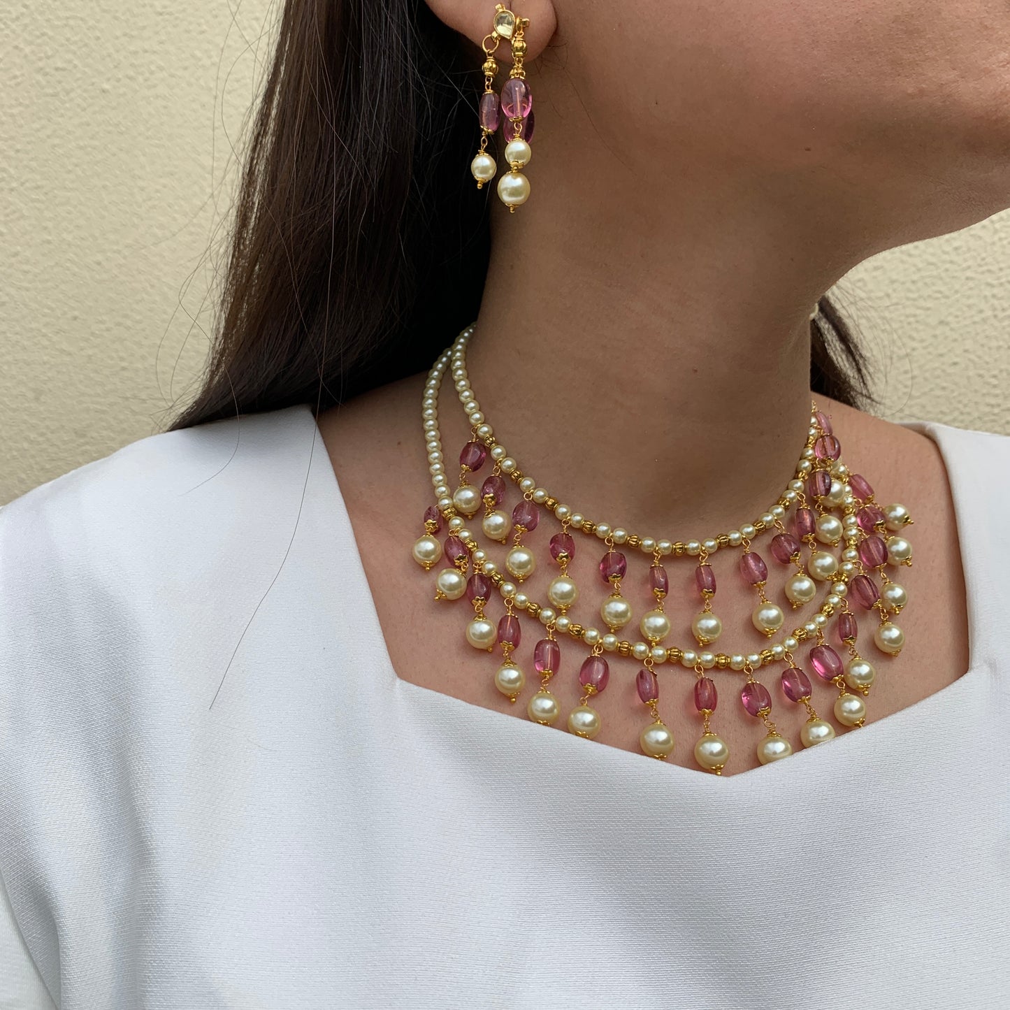 2 Layer Pink Stone Choker Set
