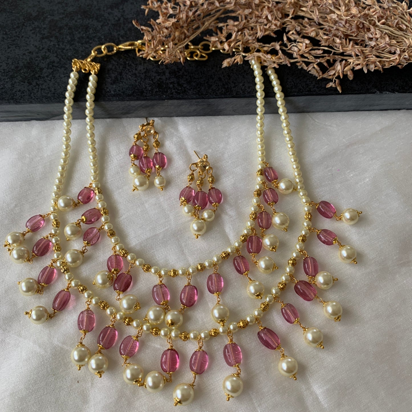 2 Layer Pink Stone Choker Set