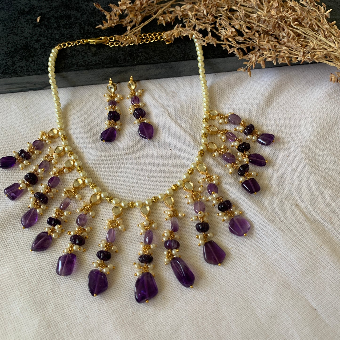 purple stones long necklace set