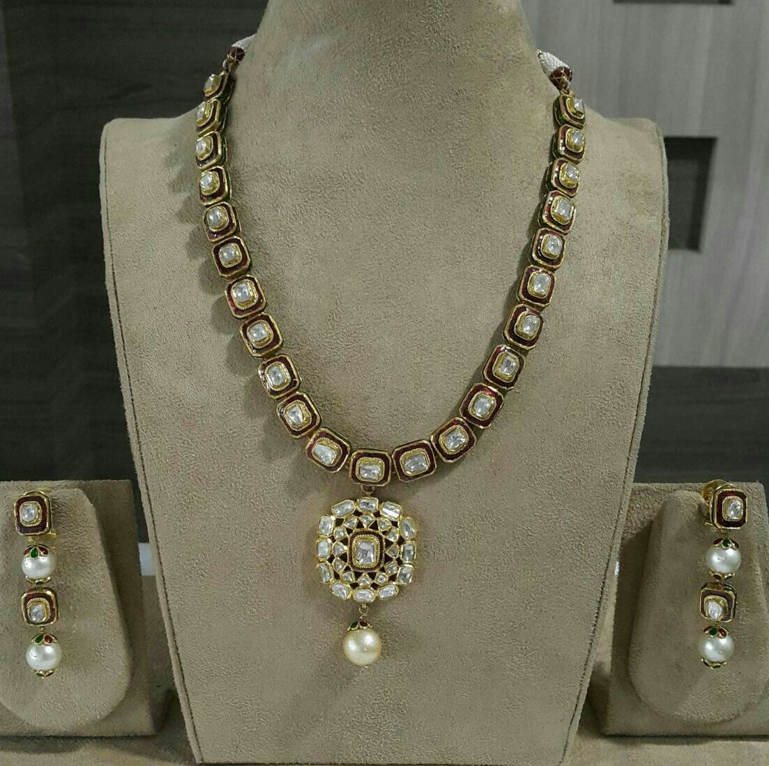 Red Meenakari Polki Necklace Set