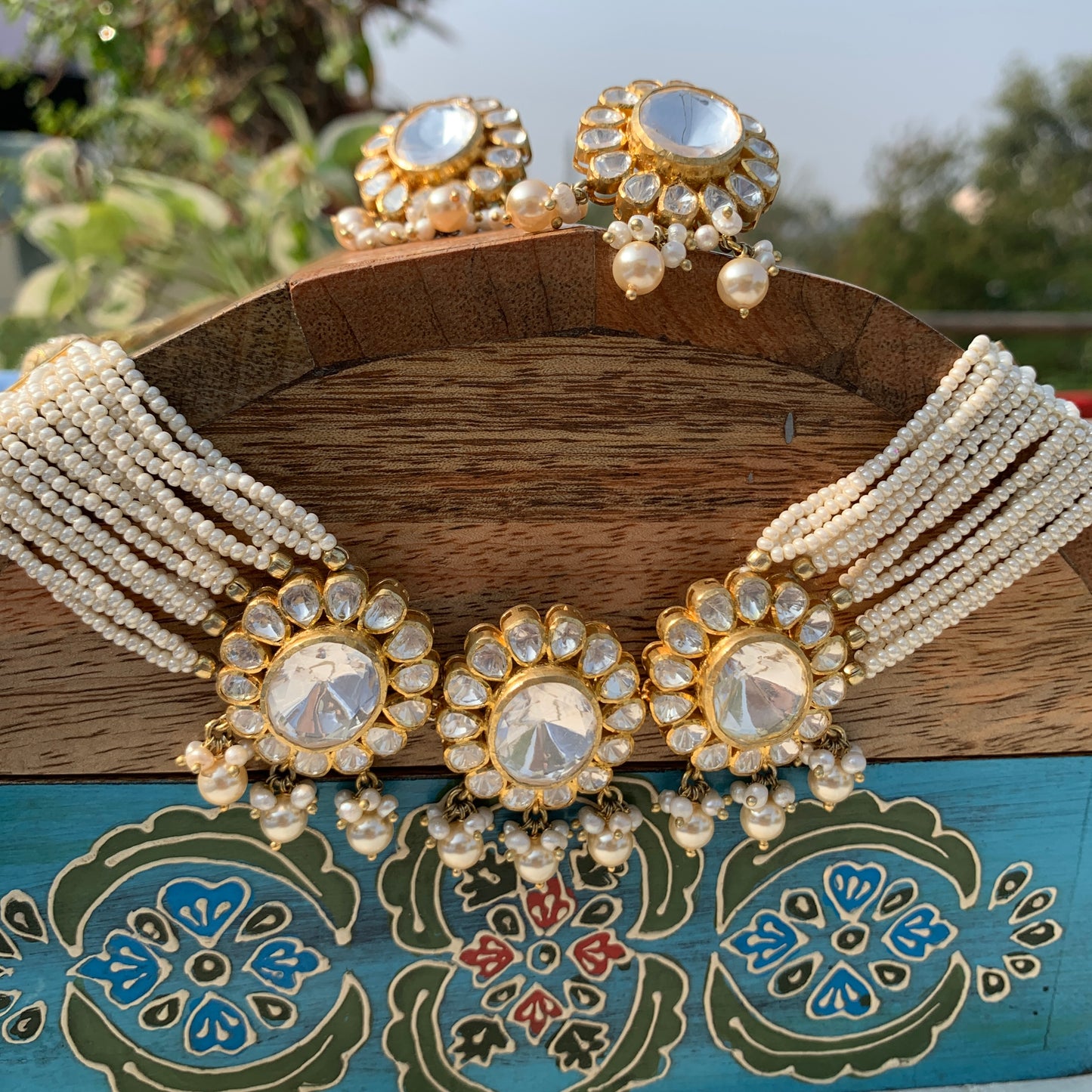 Aiza Pearl Choker Set in Moissanite Polki