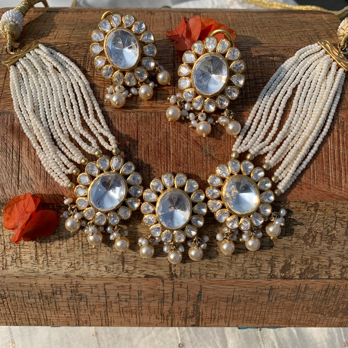 Aiza Pearl Choker Set in Moissanite Polki
