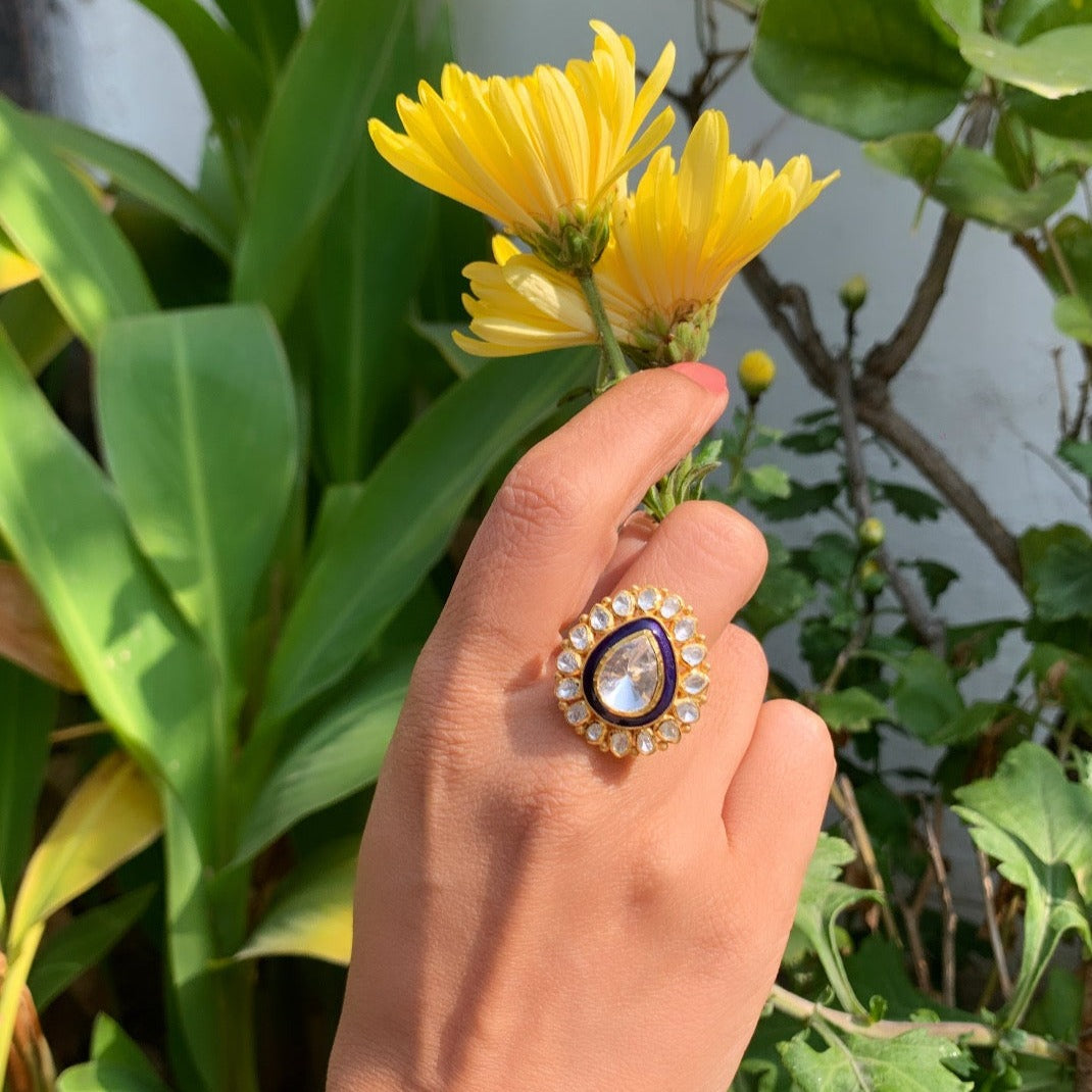 Blue Meenakari Polki Ring