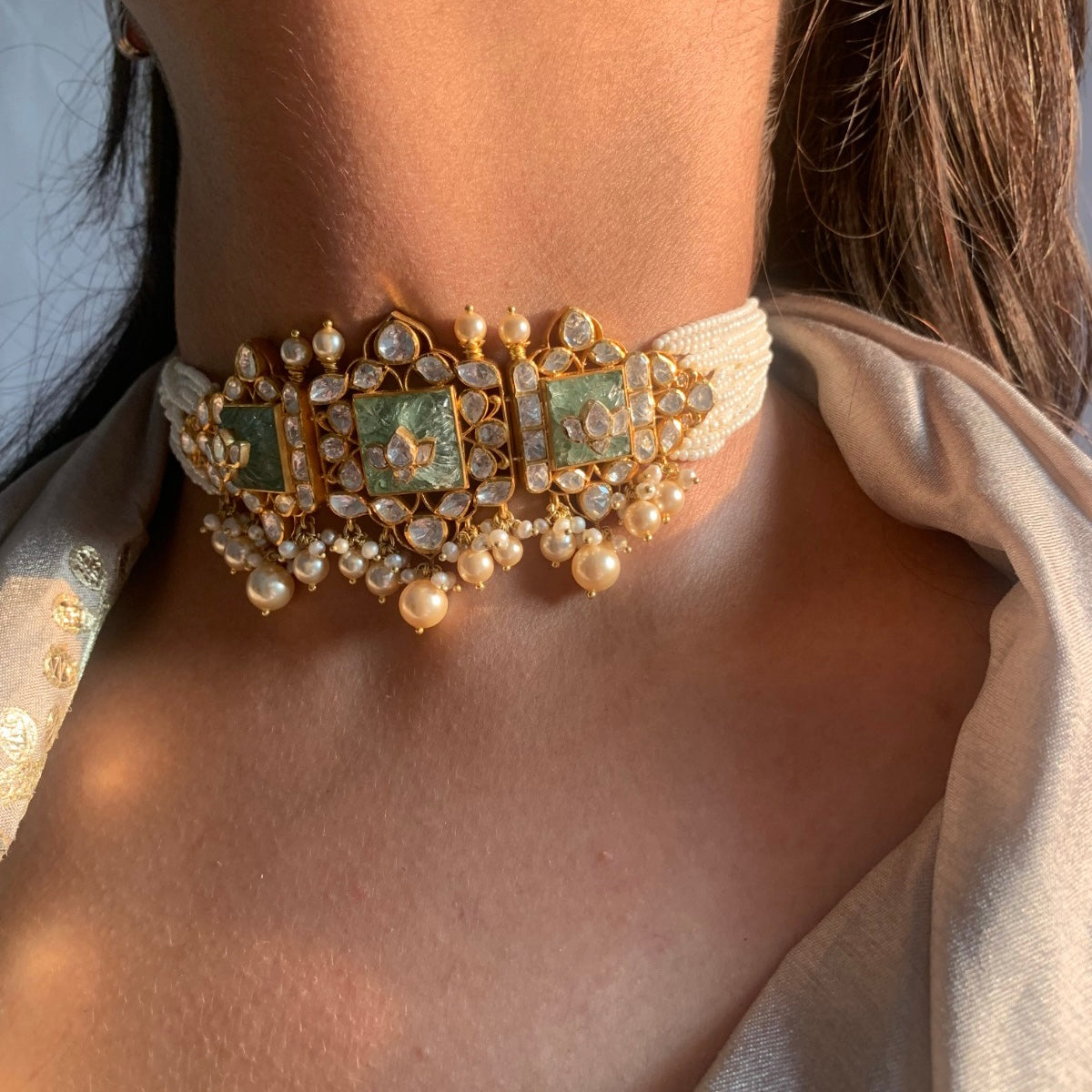 Delicate Carved Polki Necklace Set
