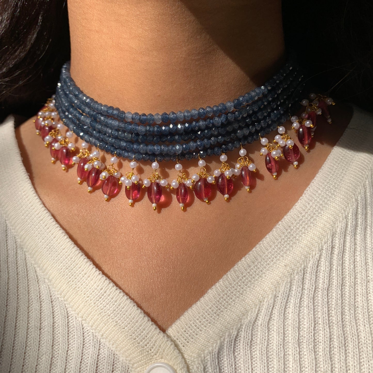 Blue String Brass Choker Set