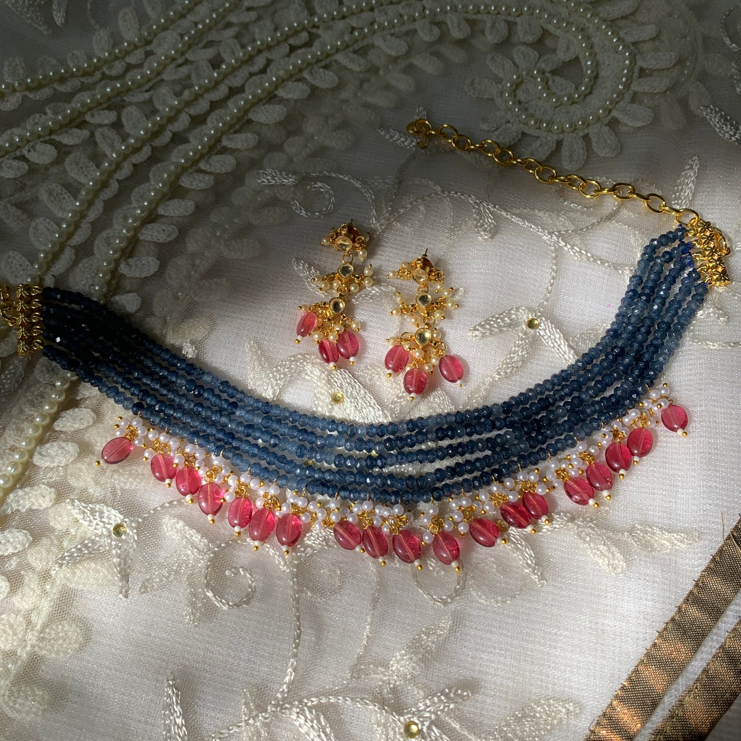 Blue String Brass Choker Set