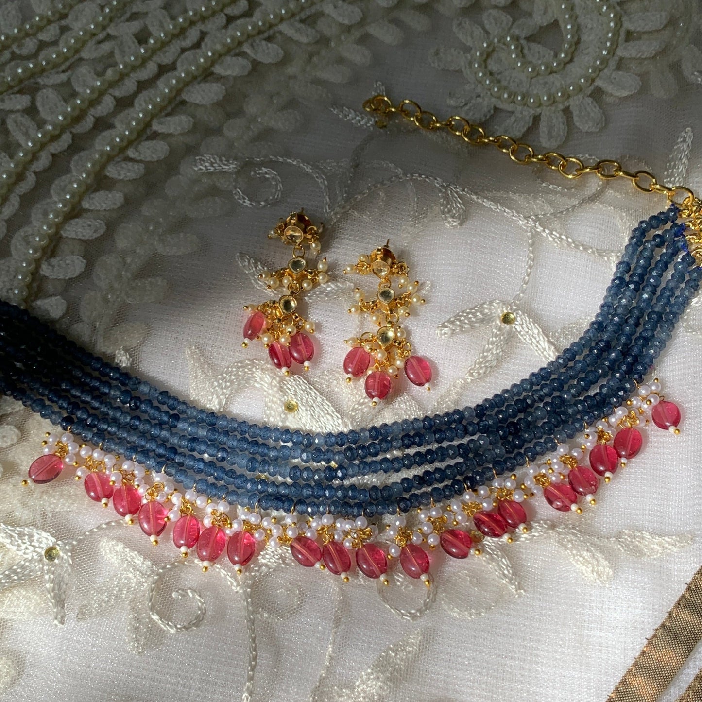Blue String Brass Choker Set