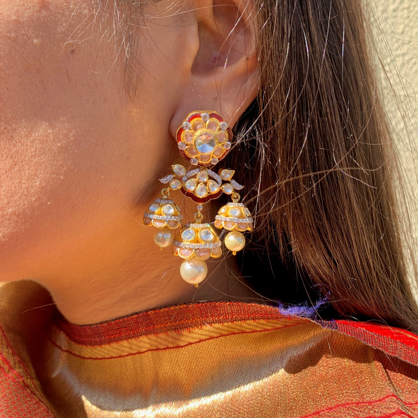 Red Meenakari Jharoka Earrings