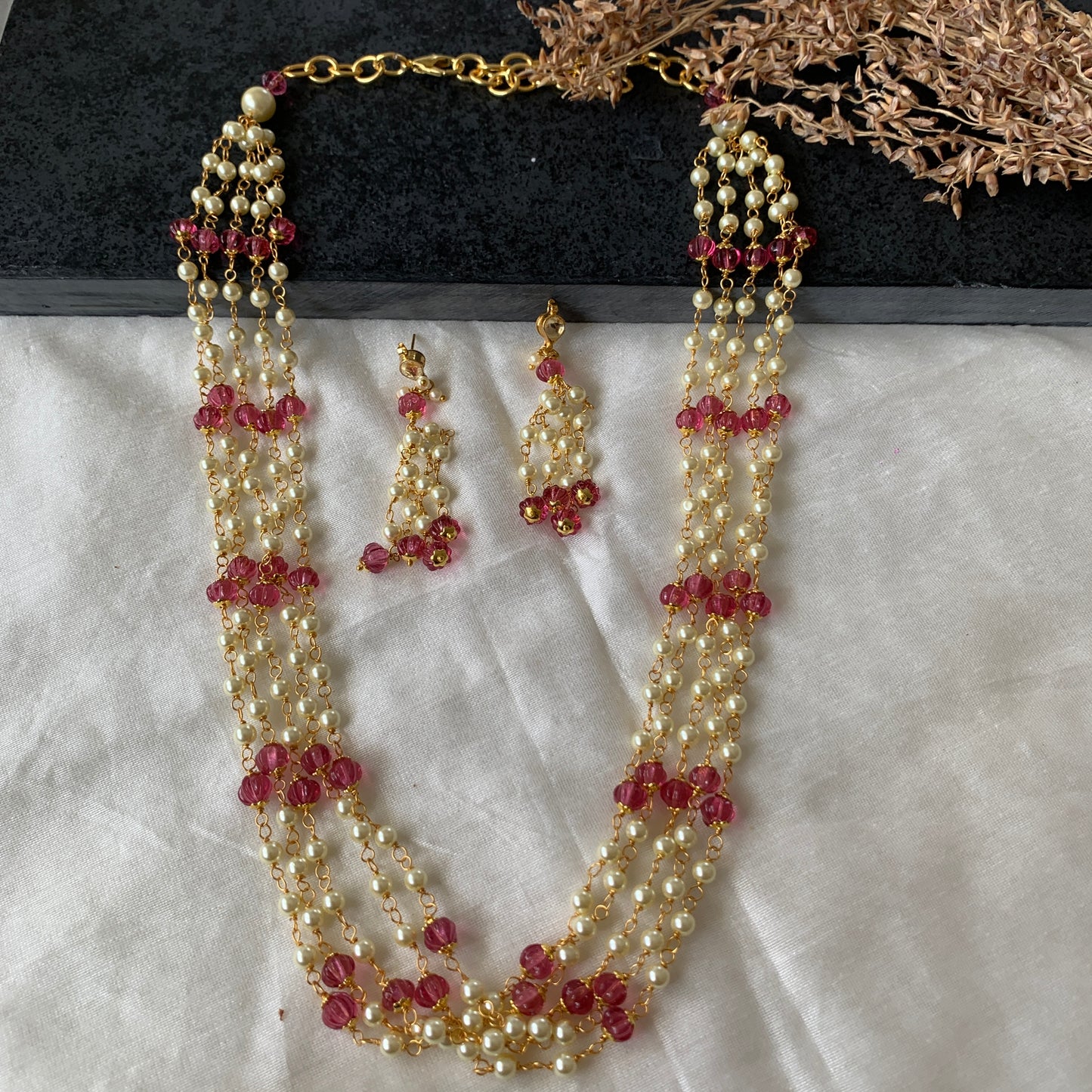 Pink White Pearl Mala Set