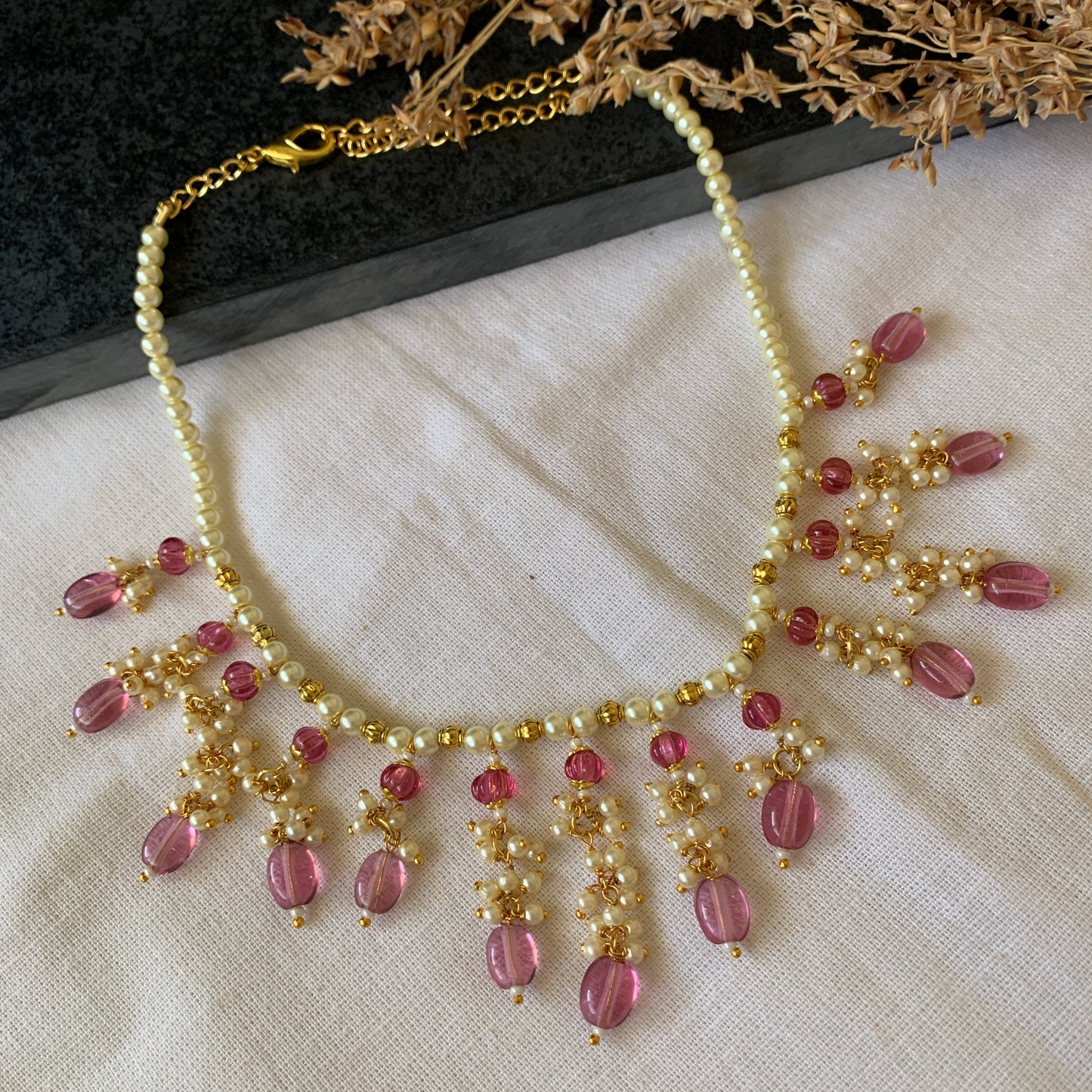 Pink Stones Pearl Necklace Set