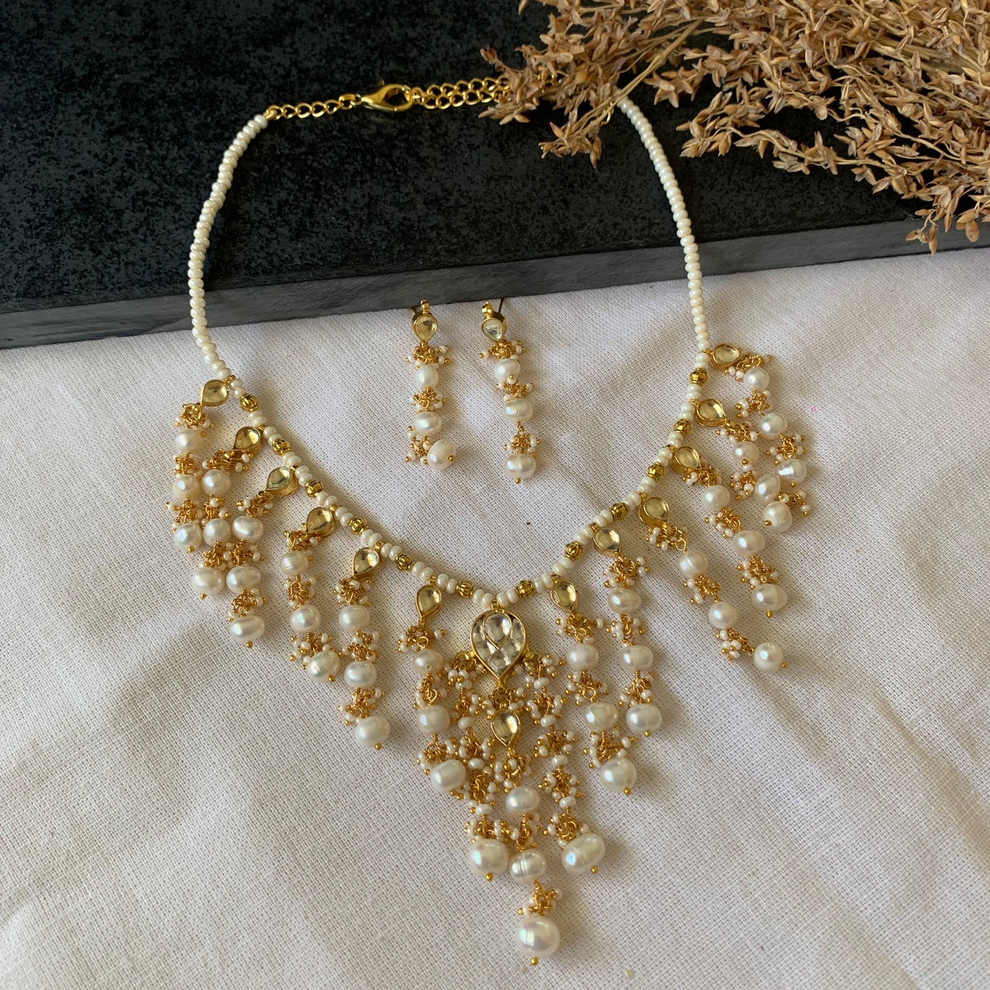 Long White Pearls Necklace Set