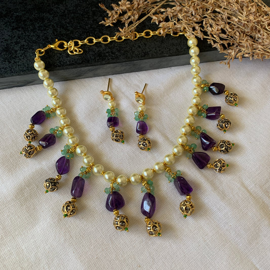 purple stones pearl necklace Set