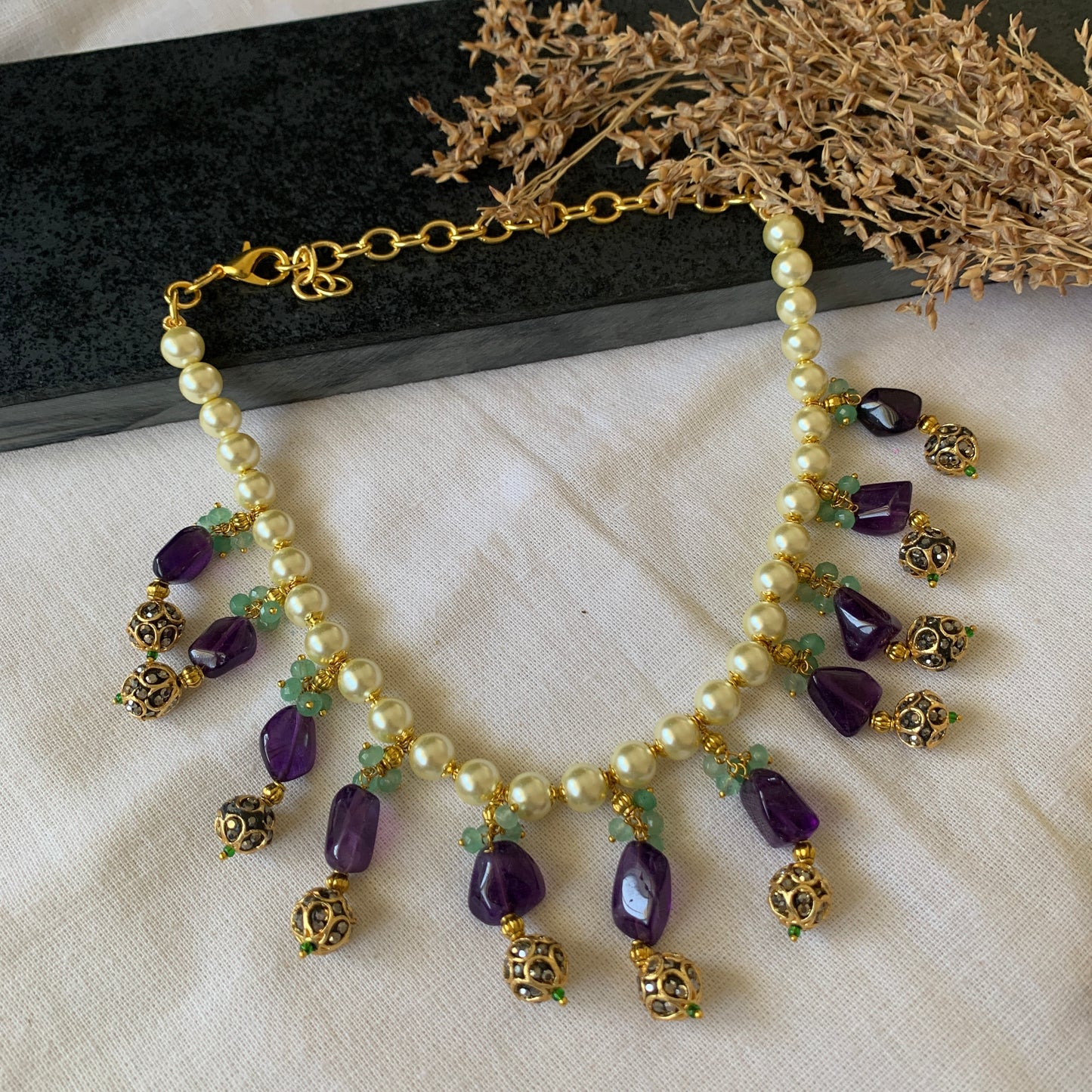 purple stones pearl necklace Set