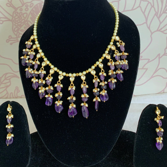 purple stones long necklace set
