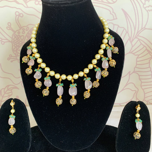 Pink Stones Pearl Necklace Set