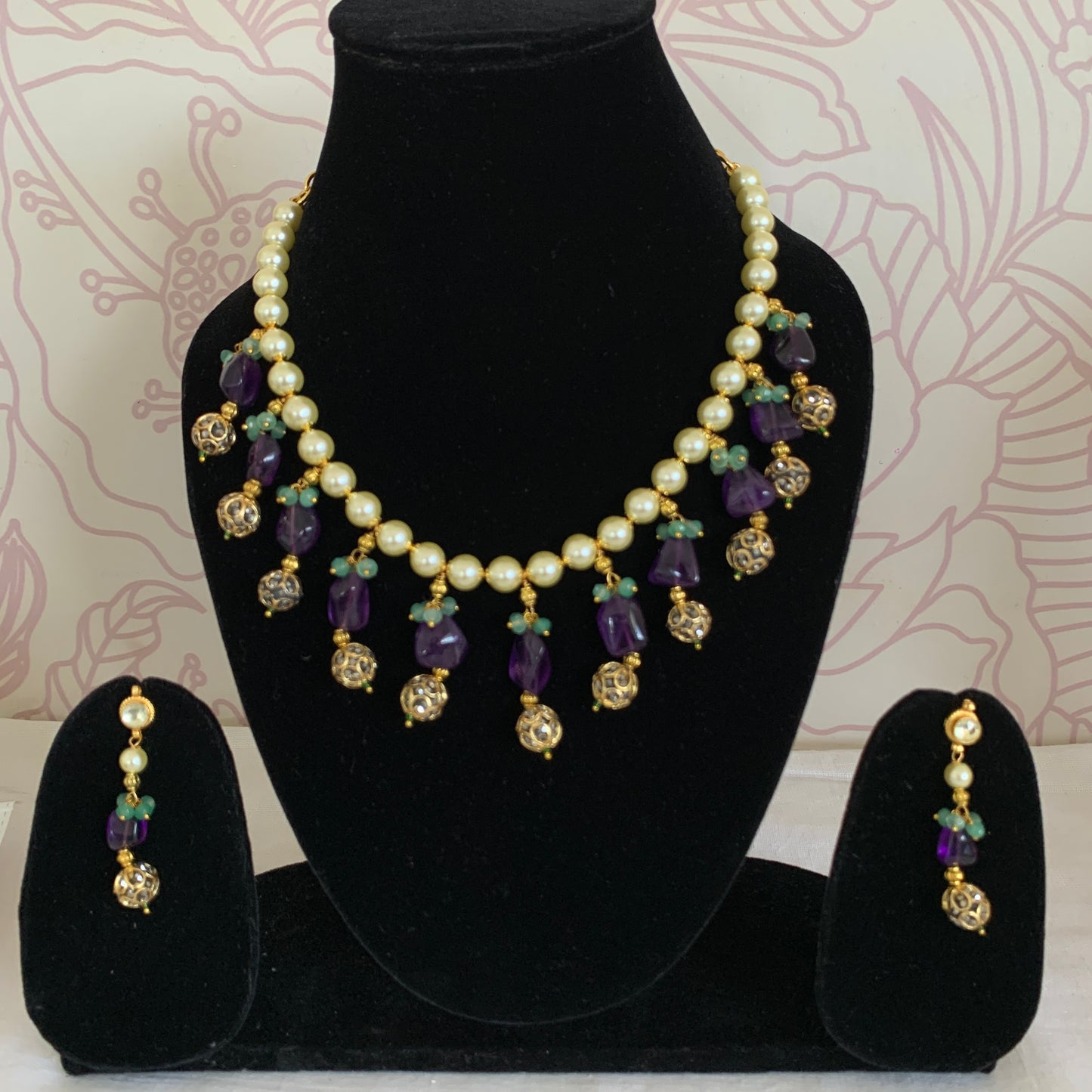 purple stones pearl necklace Set