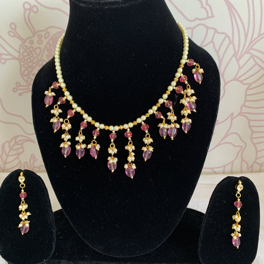 Pink Stones Pearl Necklace Set