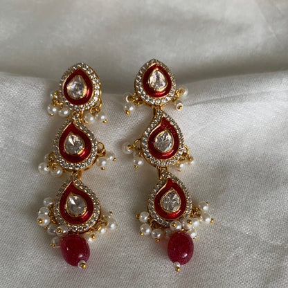 Red Meenakari Polki Earrings