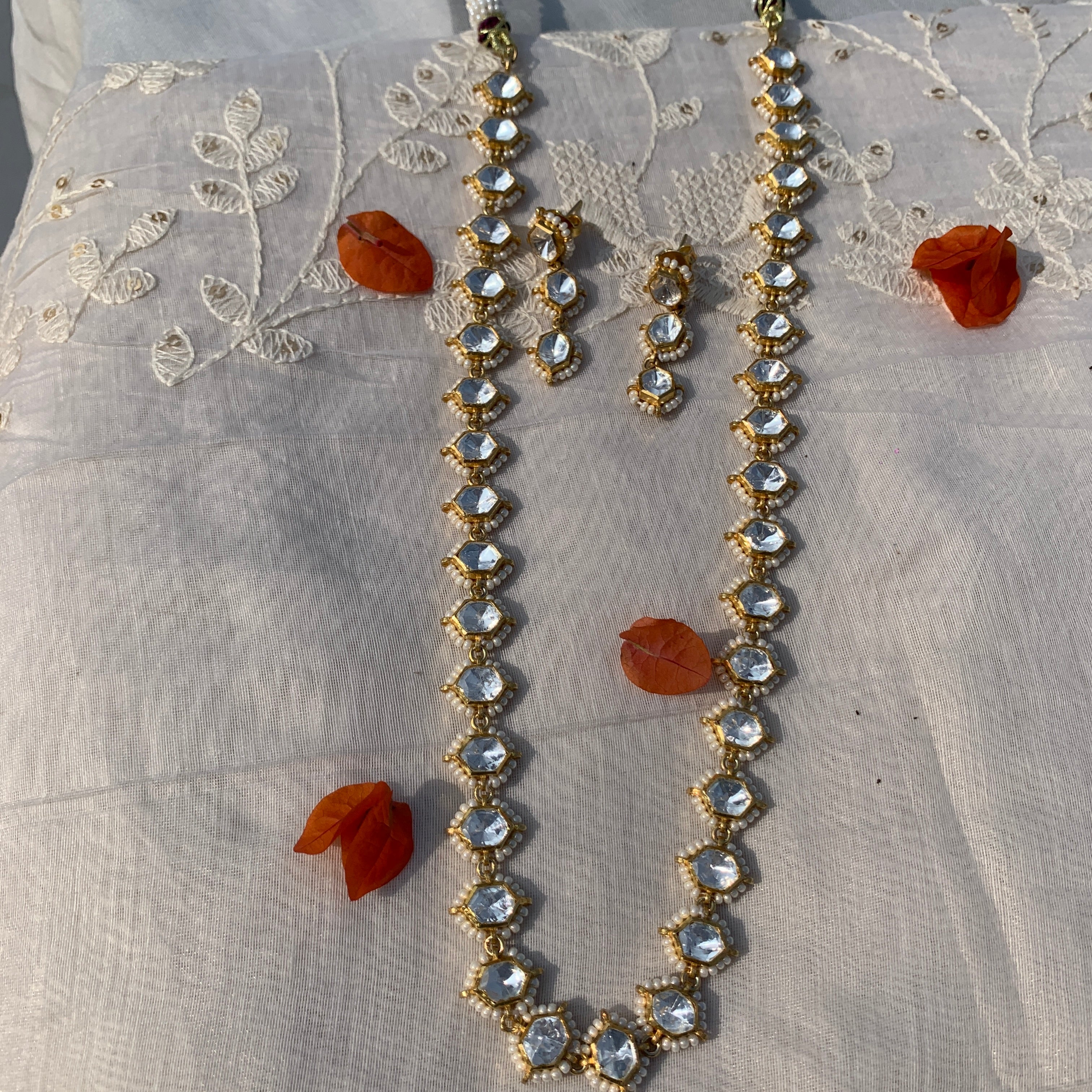 Pearl Uncut Kundan Polki Long Necklace Set – Sanvi Jewels