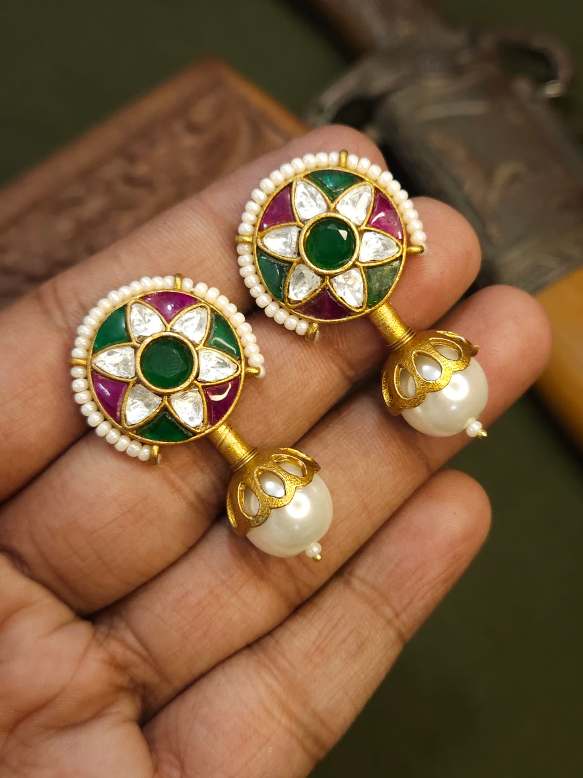 Ruby Emerald Brass Earring
