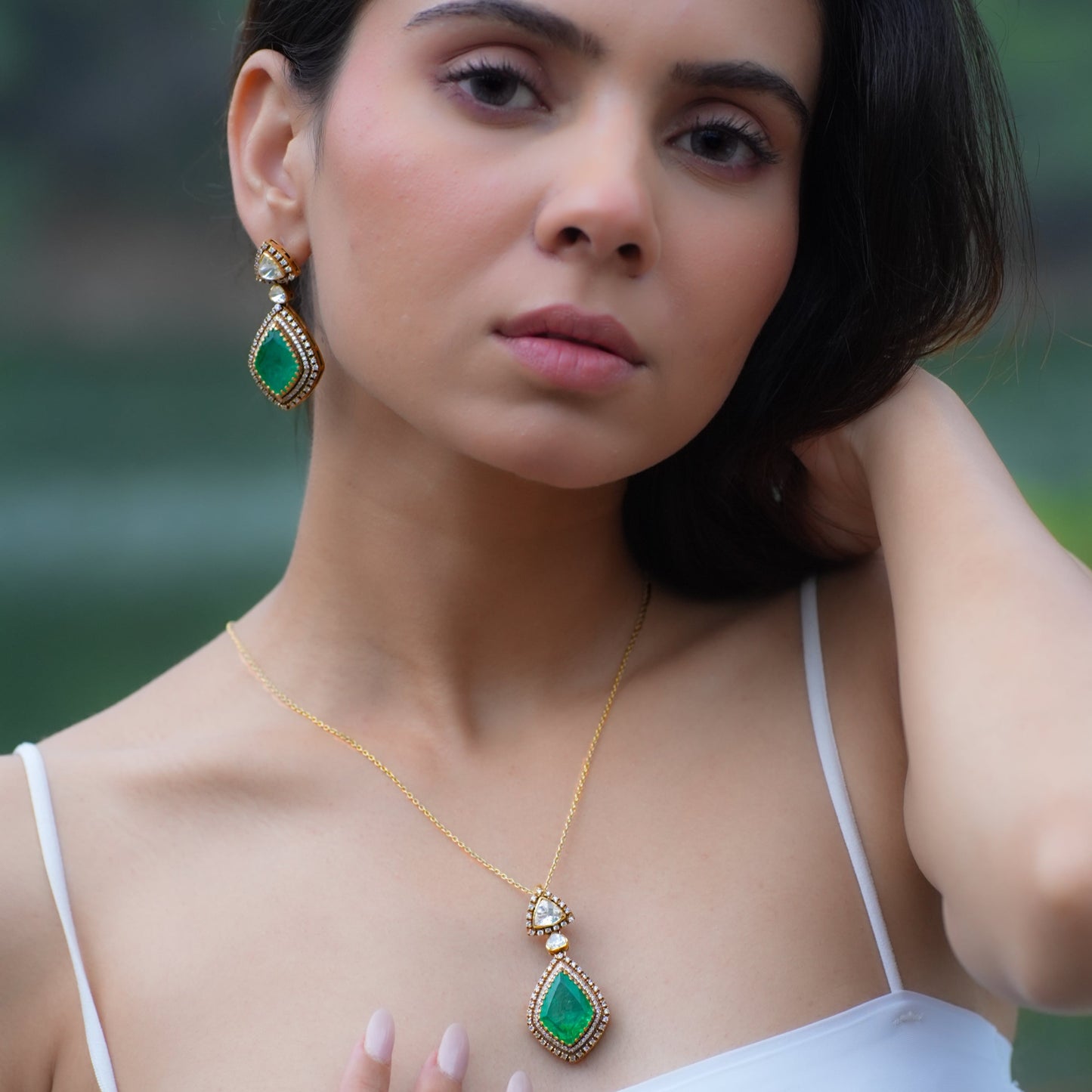 Akoya Emerald Polki Pendant set