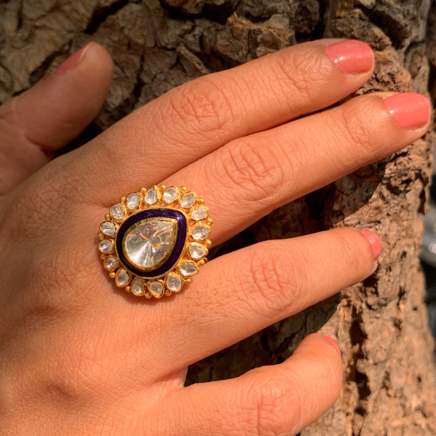 Blue Meenakari Polki Ring