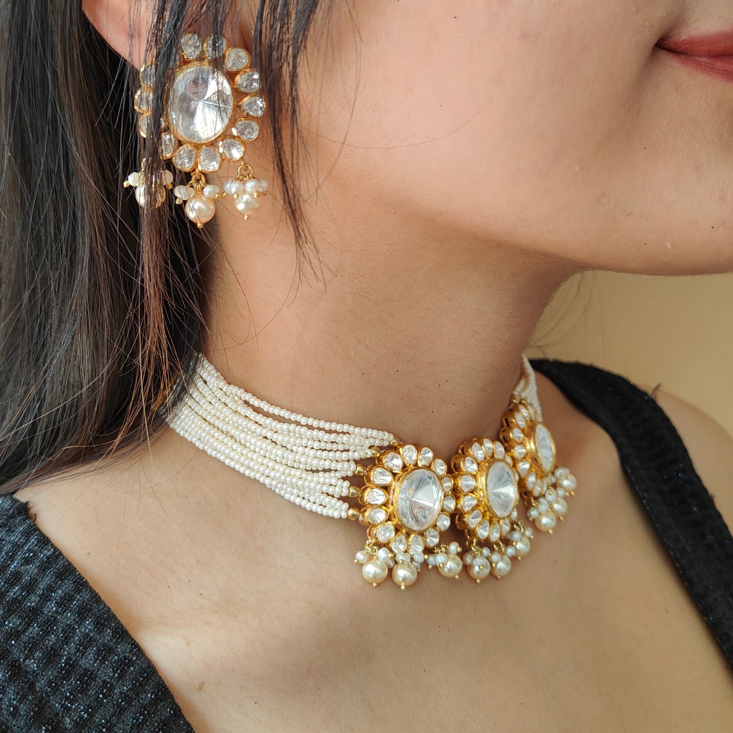 Aiza Pearl Choker Set in Moissanite Polki