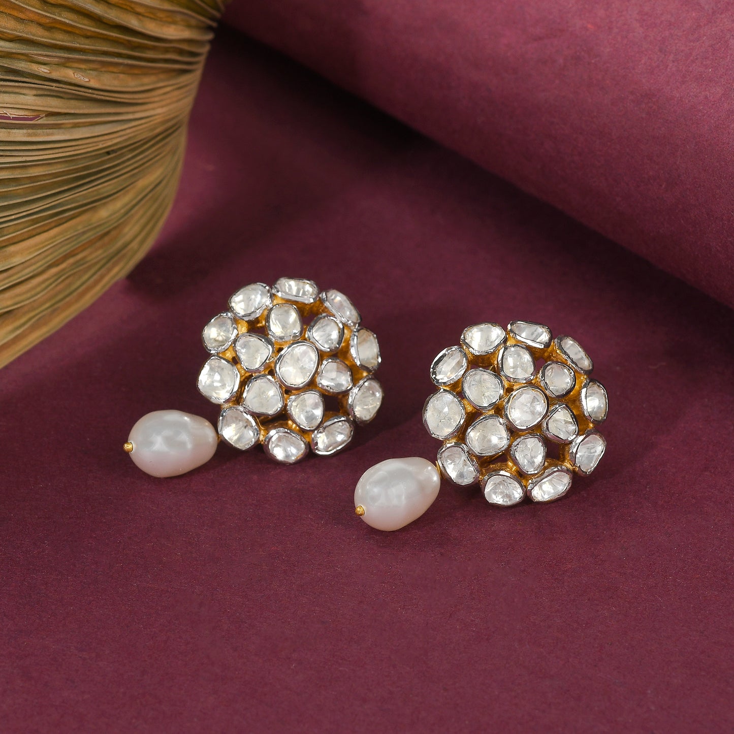 Floral Pearl Polki Studs