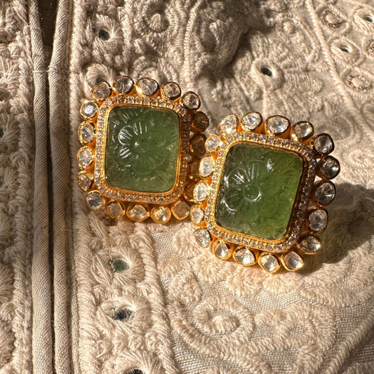 Carved Emerald Polki Studs