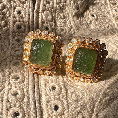 Carved Emerald Polki Studs