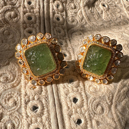 Carved Emerald Polki Studs